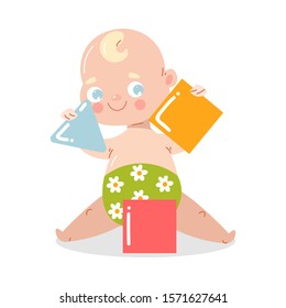 Cute happy smiling baby sitting on the floor playing with building blocks. Vector illustration in flat cartoon style.