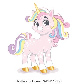 Cute happy smiling baby unicorn with long mane in pastel colors. Vector illustration in cartoon style for print, decorations, kids clothes, souvenirs, stickers. Isolated character on white background