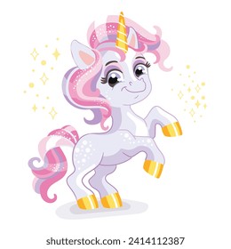 Cute happy smiling baby unicorn with a spark in pastel colors. Vector illustration in cartoon style for print, decor, kids clothes, souvenirs, stickers. Isolated character on white background