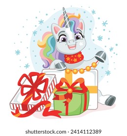 Cute happy smiling baby unicorn with a gifts and snowflakes. Christmas unicorn. Vector illustration cartoon style for print, kids clothes, souvenirs, stickers. Isolated character, white background