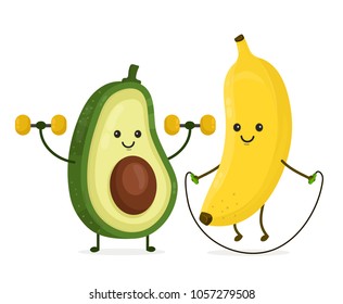 Cute happy smiling banana and avocado doing exercises Vector modern flat style cartoon character illustration. Isolated on white background. Hhealthy food,fitness,banana,avocado concept design