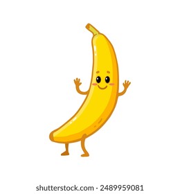 Cute happy smiling banana character. Flat cartoon fruit isolated on white. Vector  illustration