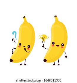 Cute happy smiling banana fruit with question mark and idea lightbulb. Vector flat cartoon character illustration icon design.Isolated on white background. Banana fruit concept