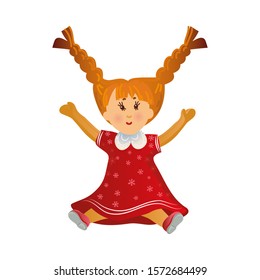Cute happy smiling blonde girl doll with two long braids in the red dress. Vector illustration in flat cartoon style.