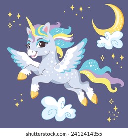 Cute happy smiling blue night unicorn with wings, moon and stars. Vector illustration in cartoon style for print and decor, fabrics, souvenirs, stickers. Isolated character on a blue background