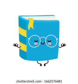 Cute happy smiling book meditate in yoga pose. Vector flat cartoon character illustration icon design.Isolated on white background. Book, education concept