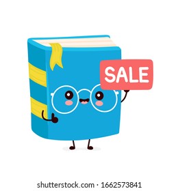 Cute happy smiling book with sale sign. Vector flat cartoon character illustration icon design.Isolated on white background. Book, education concept