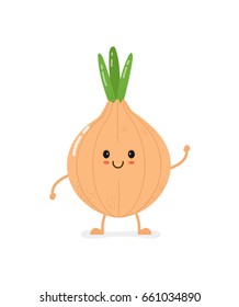 Cute happy smiling bow onion vegetable. Vector modern flat style cartoon character illustration. Isolated on white background.