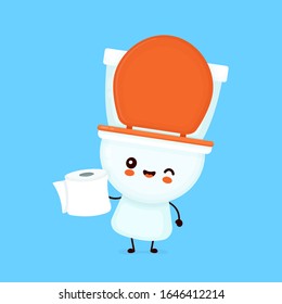 Cute happy smiling bowl hold toilet paper. Vector flat cartoon character illustration icon design. WC, toilet bowl concept