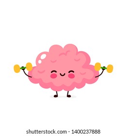 Cute happy smiling brain doing exercises with dumbbells. Vector modern flat style cartoon character illustration. Isolated on white background.Brain train concept