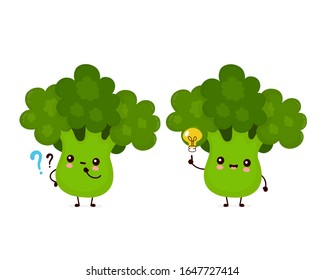 Cute happy smiling broccoli vegetable with question mark and idea lightbulb. Vector flat cartoon character illustration icon design.Isolated on white background. Green broccoli vegetable concept