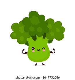 Cute happy smiling broccoli vegetable show muscle. Vector flat cartoon character illustration icon design.Isolated on white background. Green broccoli vegetable concept