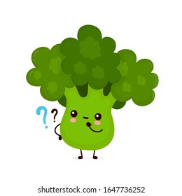 Cute happy smiling broccoli vegetable with question marks. Vector flat cartoon character illustration icon design.Isolated on white background. Green broccoli vegetable concept