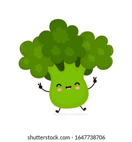 Cute happy smiling broccoli vegetable. Vector flat cartoon character illustration icon design.Isolated on white background. Green broccoli vegetable concept