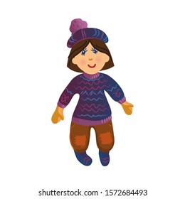 Cute Happy Smiling Brown-haired Girl Doll In The Colorful Sweater And Hat. Vector Illustration In Flat Cartoon Style.