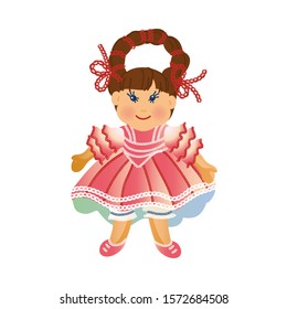 Cute happy smiling brown-haired girl doll with a long braid in the red dress. Vector illustration in flat cartoon style.