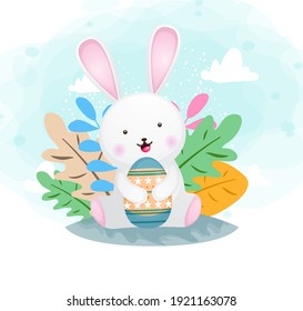 Cute happy smiling bunny hugging easter egg