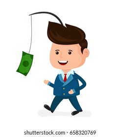 Cute happy smiling businessman motivated by money. Run for money,dollar,cash. Vector modern flat style cartoon character illustration. Isolated on blue background. Business concept. 