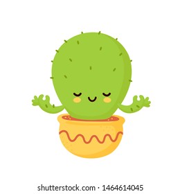 Cute happy smiling cactus meditate. Vector flat cartoon illustration icon design. Isolated on white background. Cactus yoga concept