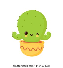 Cute happy smiling cactus in pot show muscle biceps. Vector flat cartoon illustration icon design. Isolated on white background. Cactus character concept