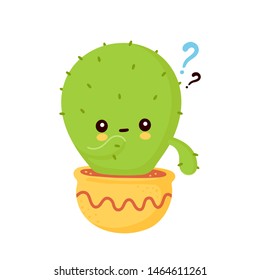 Cute happy smiling cactus in pot with question mark. Vector flat cartoon illustration icon design. Isolated on white background. Cactus think concept