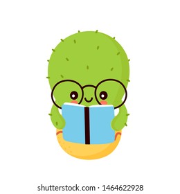 Cute happy smiling cactus read book. Vector flat cartoon illustration icon design. Isolated on white background. Cactus in pot concept