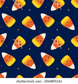 Cute happy and smiling candy corn, halloween sweets characters cartoon style vector seamless pattern background.
