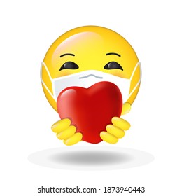 Cute happy smiling cartoon emoticon wearing medical mask with Heart - Love symbol in his hands. Sign of appreciation, love, Thank you online during coronavirus pandemic. For web app, social media icon