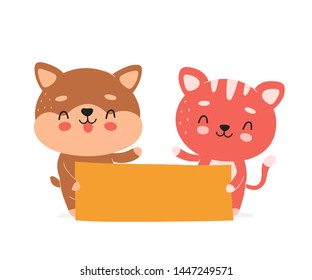 Cute happy smiling cat and dog hold empty banner character. Vector modern trendy flat style cartoon illustration icon design. Isolated on white background. Cat,kitty,puppy character concept