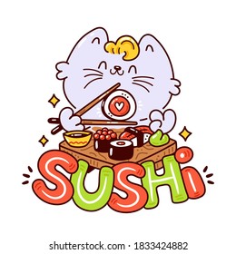 Cute happy smiling cat eat sushi logo. Vector flat cartoon character illustration icon design. Asian food menu card. Sushi bar logo concept. Isolated on white background 