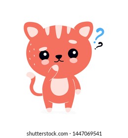 Cute happy smiling cat with question mark character. Vector modern trendy flat style cartoon illustration icon design. Isolated on white background. Cat,kitty think character concept
