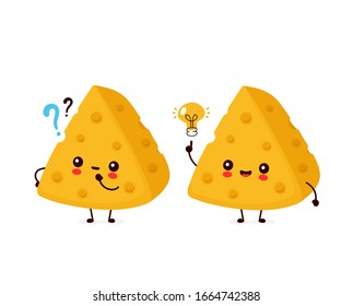Queso alegre y sonriente con signo de interrogación y bombilla de ideas. Icono de ilustración de caricatura plana vectorial.Aislado sobre fondo blanco. Concepto de queso