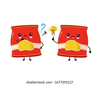 Cute happy smiling chips pack with question mark and idea lightbulb. Vector cartoon character illustration icon design.Isolated on white background
