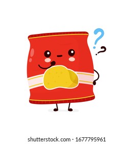 Cute happy smiling chips pack with question mark. Vector cartoon character illustration icon design.Isolated on white background
