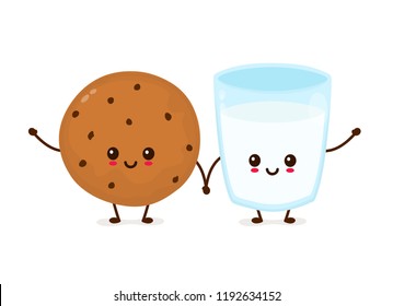 Cute happy smiling chocolate chip cookie and glass of milk. Vector flat cartoon iluustration icon design. Isolated on white background. Freshly baked choco kawaii cookie with milk concept