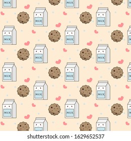 Cute happy smiling chocolate chip cookie and milk pattern. Vector flat cartoon iluustration icon design. Isolated on pink background. Freshly baked choco cookie with milk pattern concept