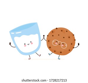 Cute Happy Smiling Chocolate Chip Cookie And Glass Of Milk. Isolated On White Background. Vector Cartoon Character Illustration