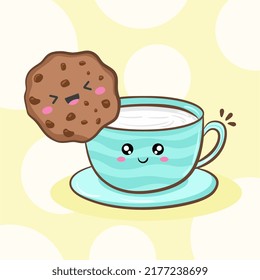 Galleta de chocolate alegre sonriente y una taza de leche. Diseño de iconos de ilustración vectorial de dibujos animados planos. Galleta de pescado fresco kawaii recién horneada con concepto de leche.