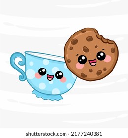 Cute happy smiling chocolate chip cookie and cup of milk. Flat cartoon vector illustration icon design. Freshly baked kawaii cuttlefish cookie with milk concept