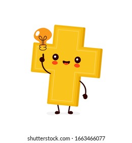 Cute happy smiling christian cross with light bulb. Vector flat cartoon character illustration icon design.Isolated on white background. Christian cross concept