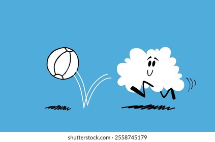 Cute happy smiling cloud character playing running with a ball on a light blue background. Cartoon style vector illustration.