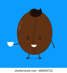 Cute happy smiling coffee bean with coffee cup with hipster hairstyle. Vector modern flat style cartoon character illustration. Isolated on blue background. Creative concept for card