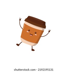 Cute happy smiling coffee cup. Vector flat cartoon character illustration icon design.Isolated on white background. Ice cream cone and coffee, dessert menu concept