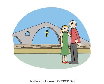 Cute happy smiling couple characters hugging in front of a historic stone bridge. Cangas de Onís, Asturias, Spain. Colorful comic cartoon hand drawn style vector illustration.