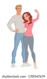 Cute happy smiling couple hugging each other and taking selfie on smartphone. Vector illustration isolated on white background.