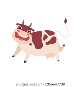 Cute Happy Smiling Cow, Funny Farm Animal Cartoon Character Vector Illustration