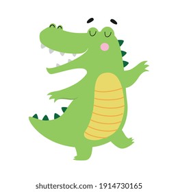 Cute Happy Smiling Crocodile, Funny Alligator Predator Green Animal Character Cartoon Style Vector Illustration