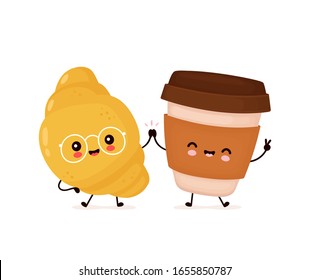 Cute happy smiling croissant and coffee cup. Vector flat cartoon character illustration icon design.Isolated on white background. Croissant, bakery menu concept