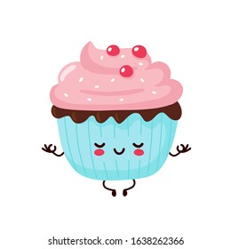 Cute happy smiling cupcake meditate in yoga pose. Vector flat cartoon character illustration icon design.Isolated on white background. Cupcake, cake, dessert menu concept