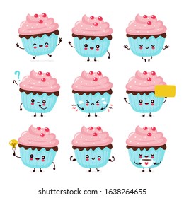 Cute happy smiling cupcake set collection. Vector flat cartoon character illustration icon design.Isolated on white background. Cupcake, cake, dessert menu bundle concept